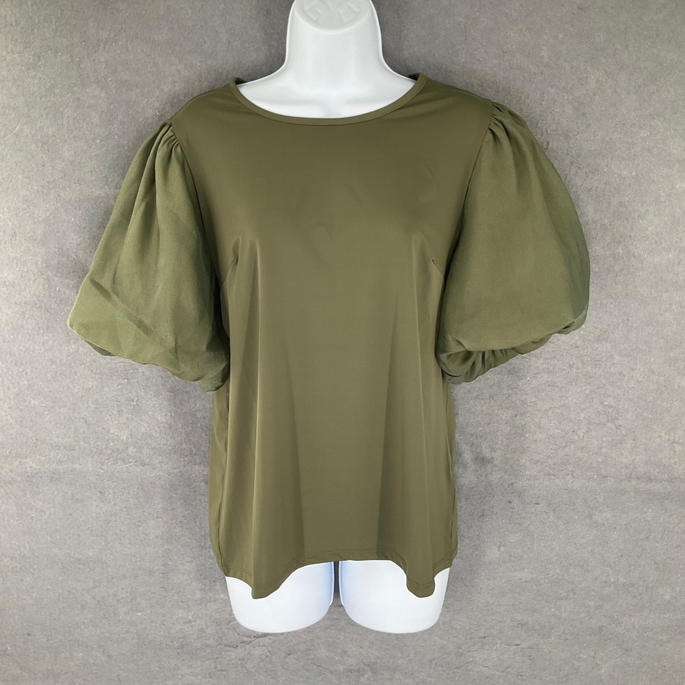 Cato Olive Green Puff Sheer Sleeve Top Women's Sz M Forest Fairy Indie NEW